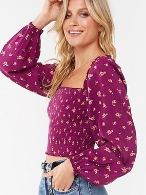 Forever 21 Plum Floral Smocked Square-Neck Blouse